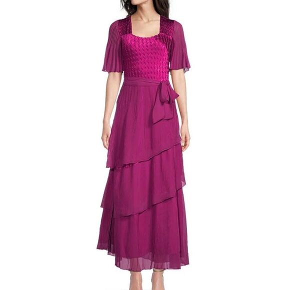 Komarov Women's Pink Flutter Sleeve Tiered Chiffon Maxi Dress small NWT $522 - Picture 2 of 9